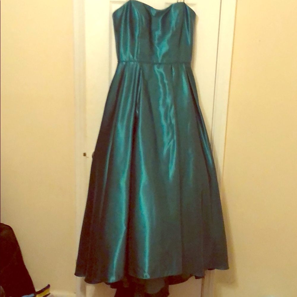High low emerald green prom dress